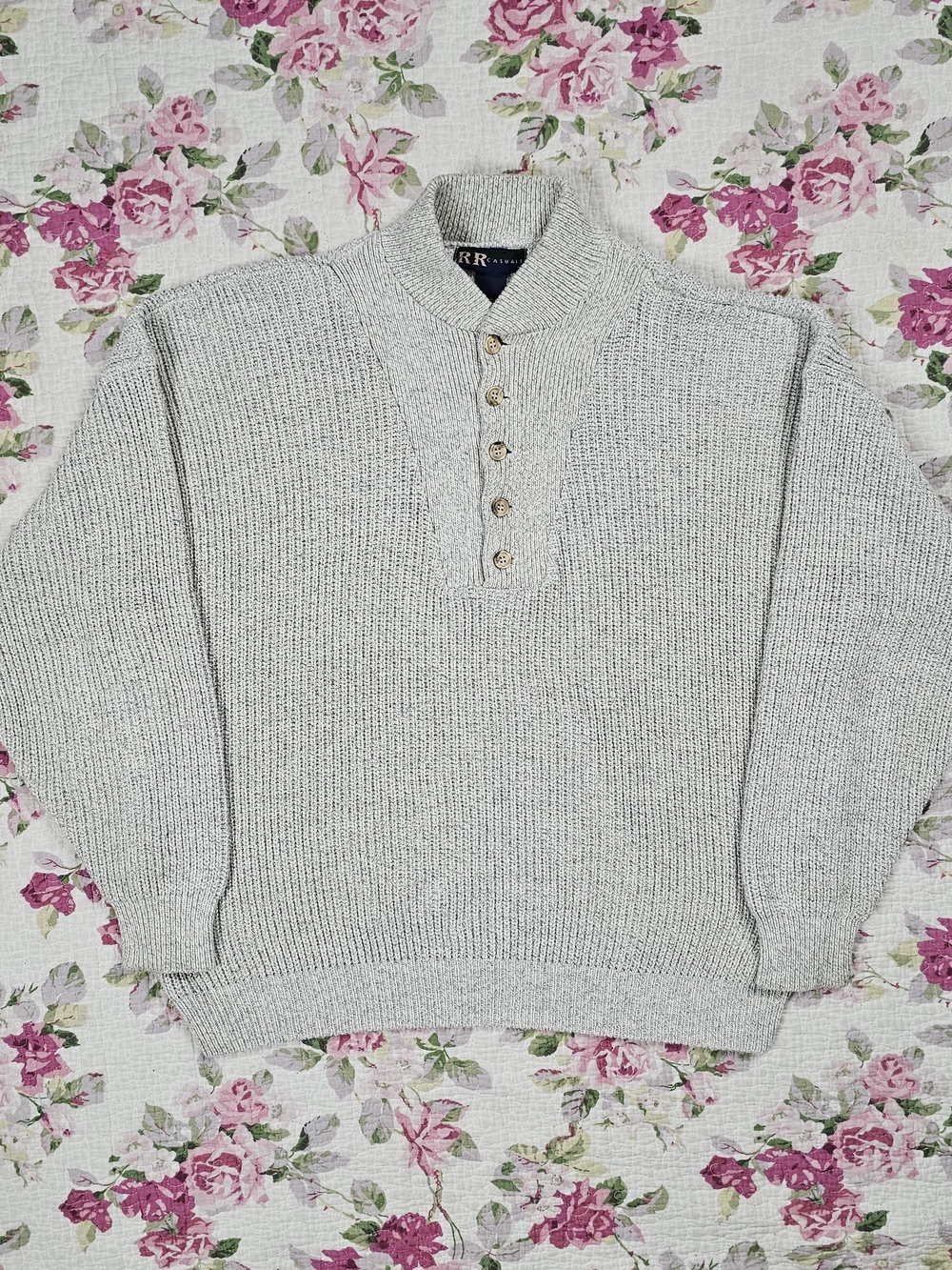 Vintage 90s Men's Cable-Knit Henley Pullover Sweater Cotton USA L